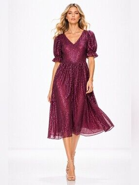 Ivy City Co Burgundy Sequin Puff Sleeve Midi Dress XXS